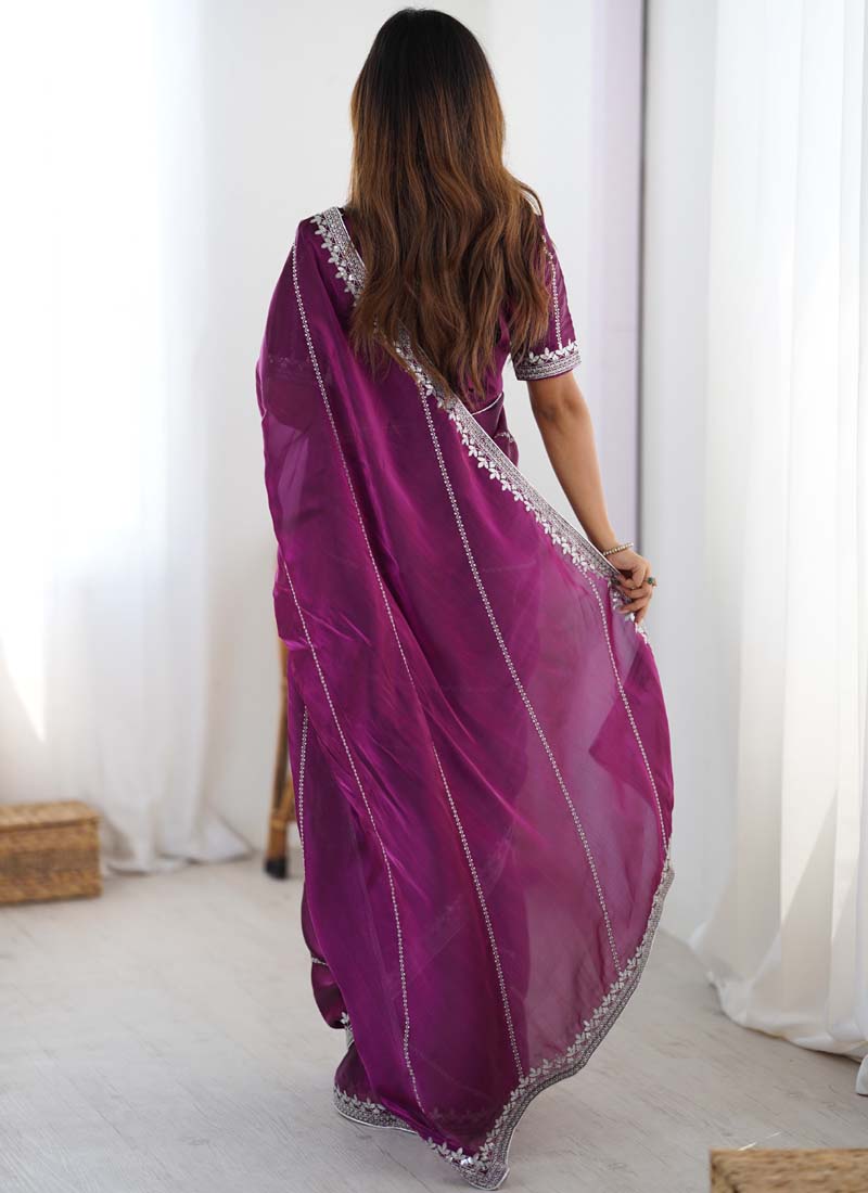 Prazu Fashion Wine Thread Sequence Organza Silk Party Wear Saree
