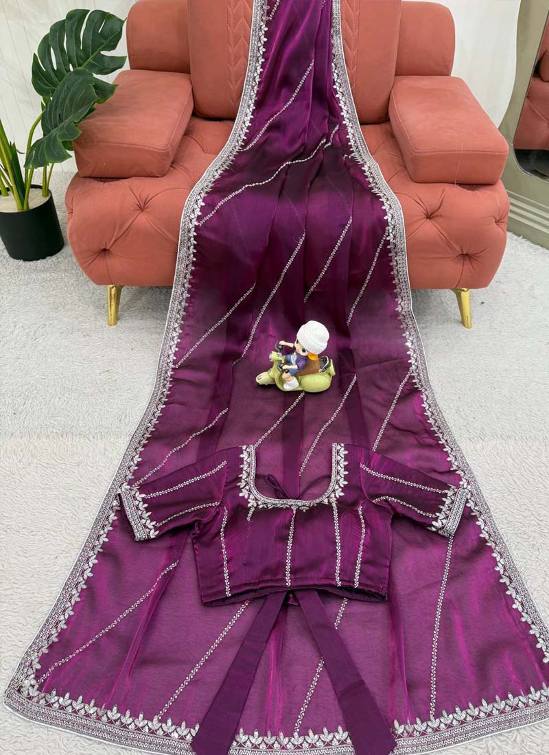 Prazu Fashion Wine Thread Sequence Organza Silk Party Wear Saree