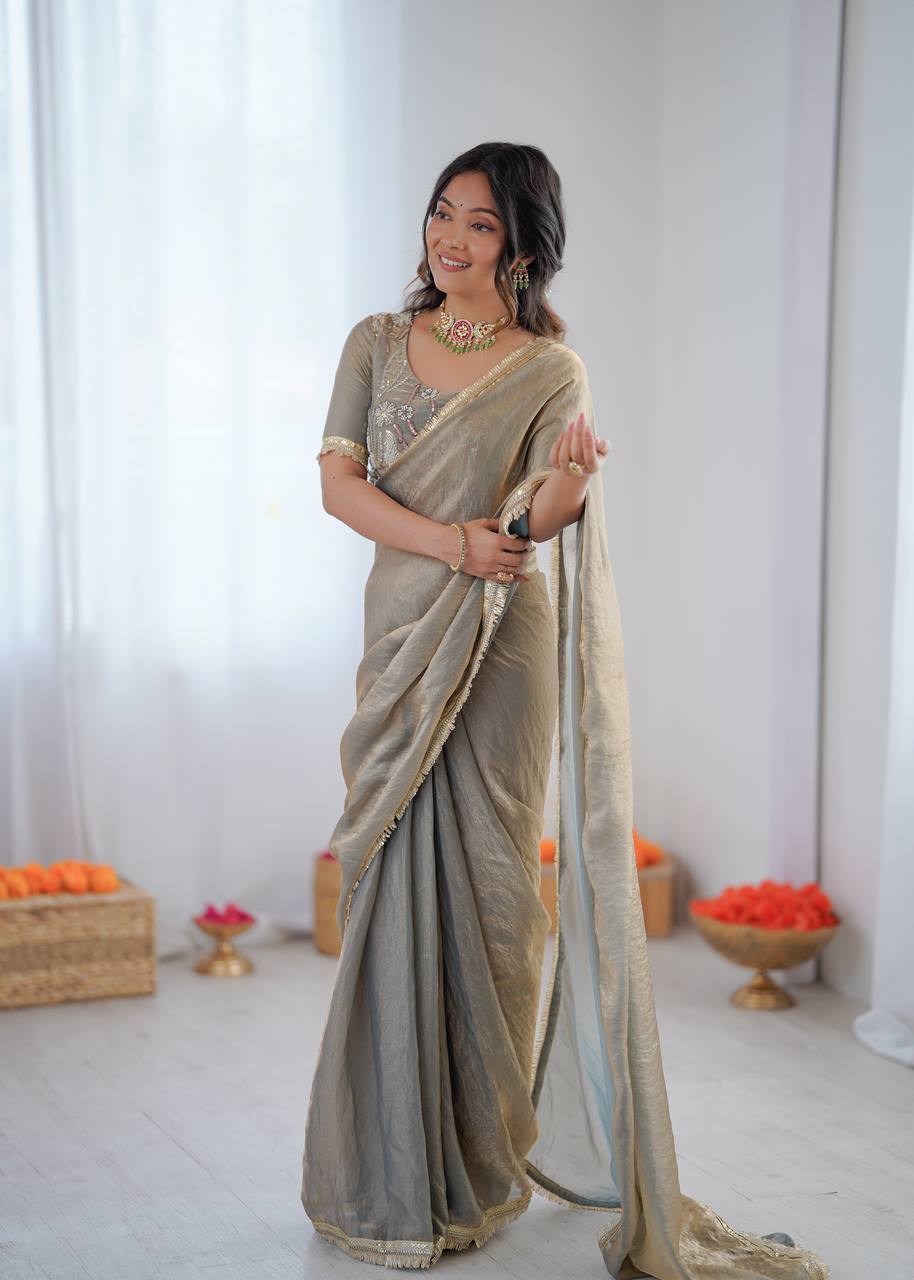 Prazu Fashion Light Grey Golden Shaded Fendi Silk Ready To Wear Saree