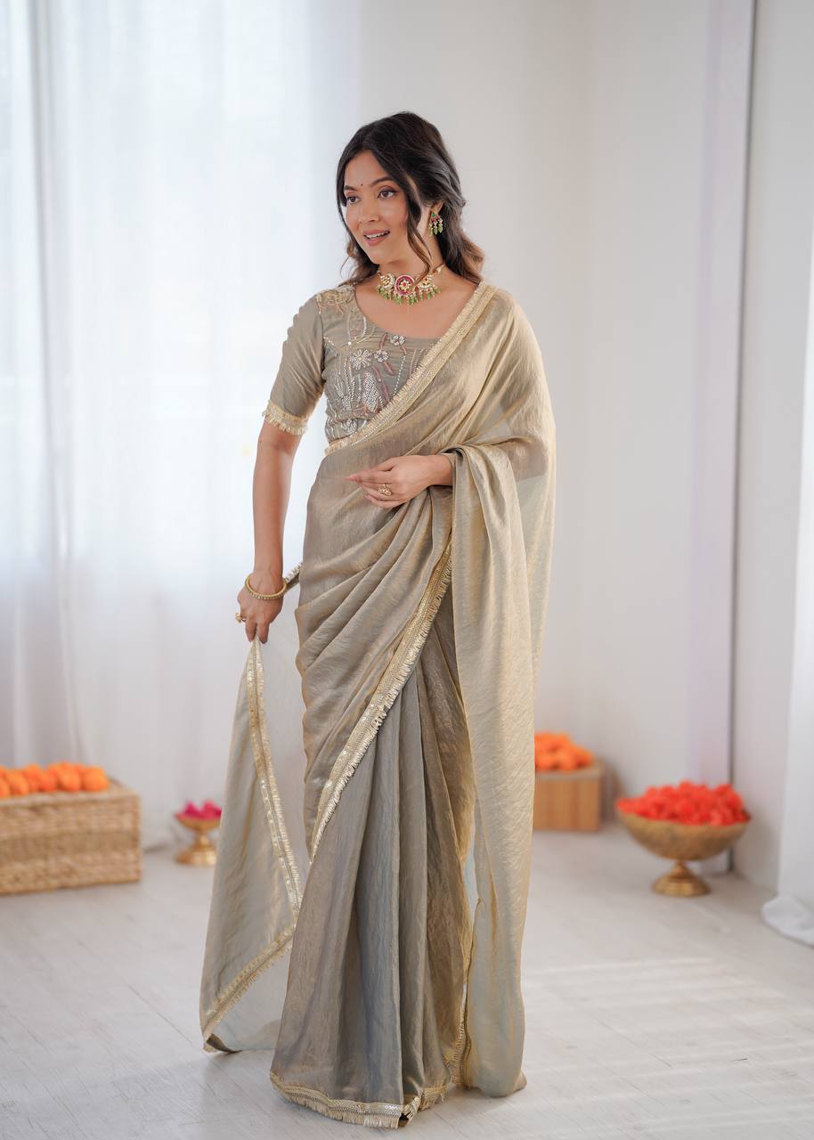 Prazu Fashion Light Grey Golden Shaded Fendi Silk Ready To Wear Saree