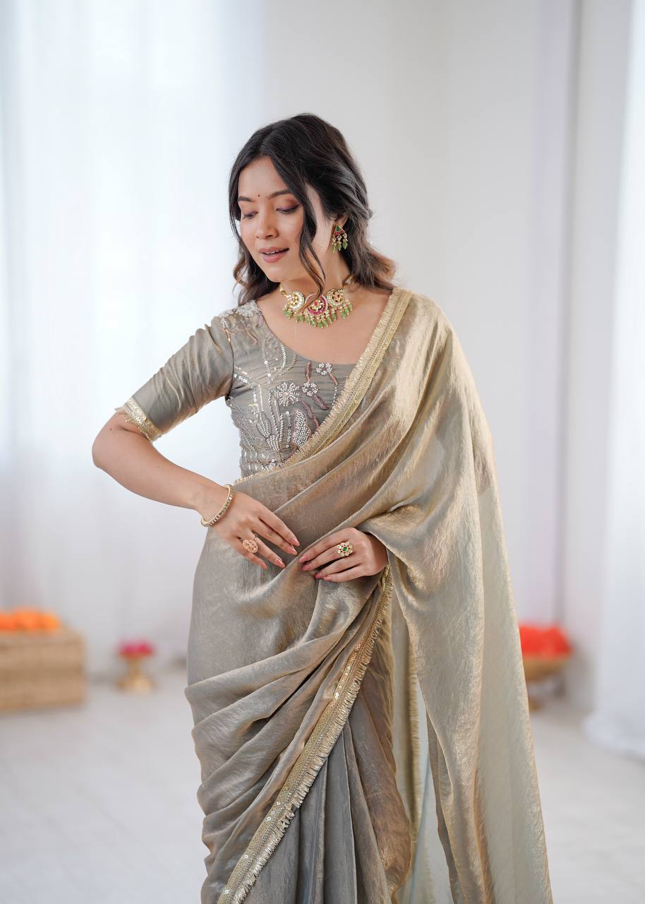 Prazu Fashion Light Grey Golden Shaded Fendi Silk Ready To Wear Saree