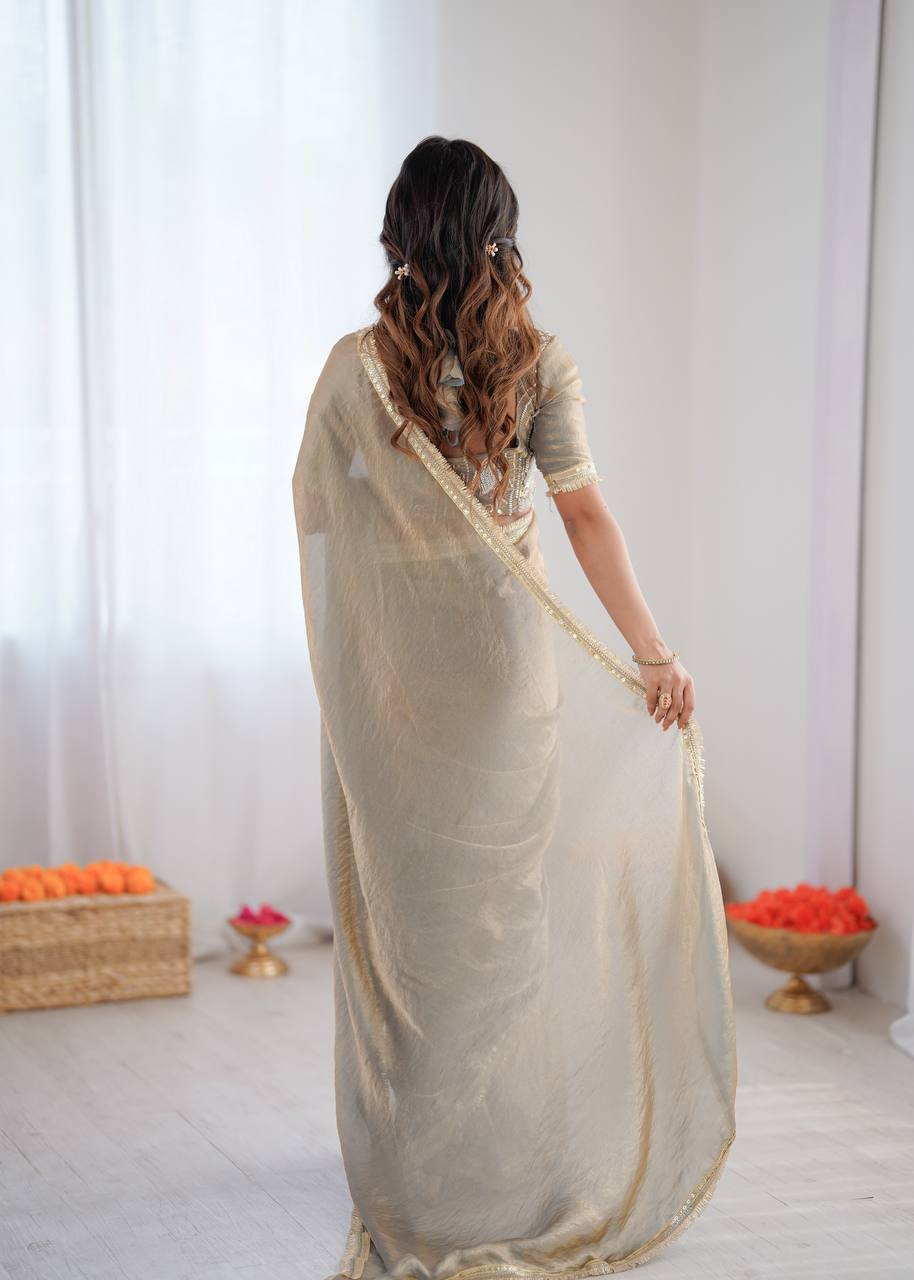 Prazu Fashion Light Grey Golden Shaded Fendi Silk Ready To Wear Saree