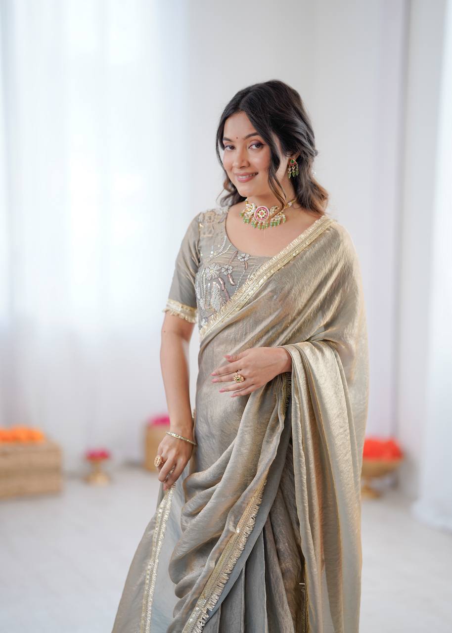 Prazu Fashion Light Grey Golden Shaded Fendi Silk Ready To Wear Saree