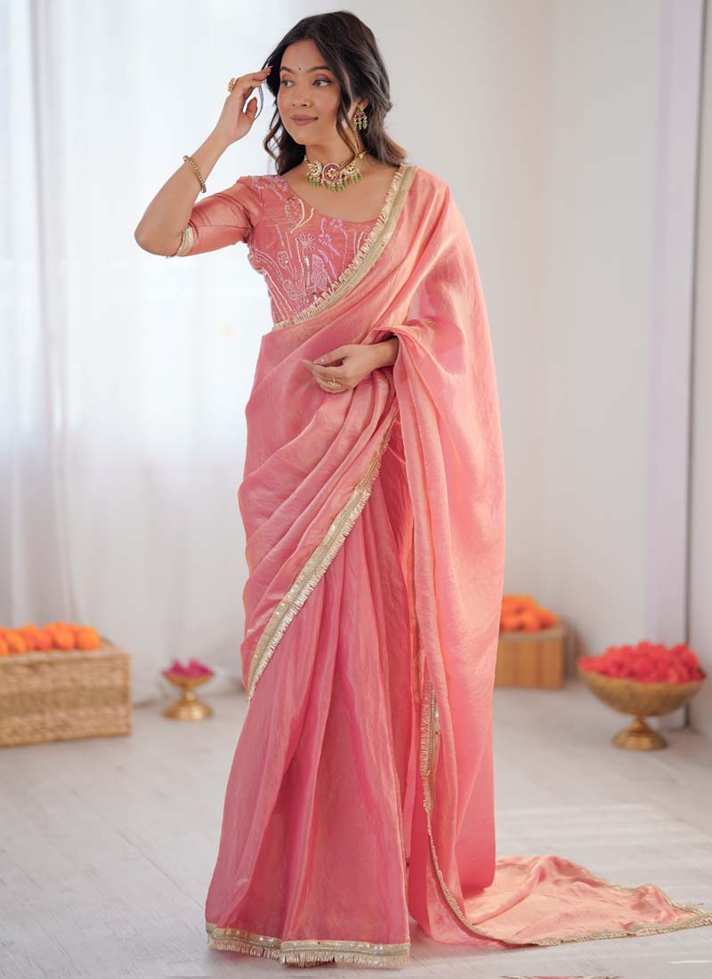 Prazu Fashion Peach Golden Shaded Fendi Silk Ready To Wear Saree
