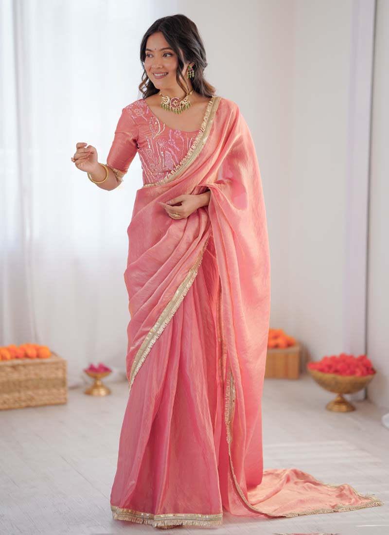 Prazu Fashion Peach Golden Shaded Fendi Silk Ready To Wear Saree