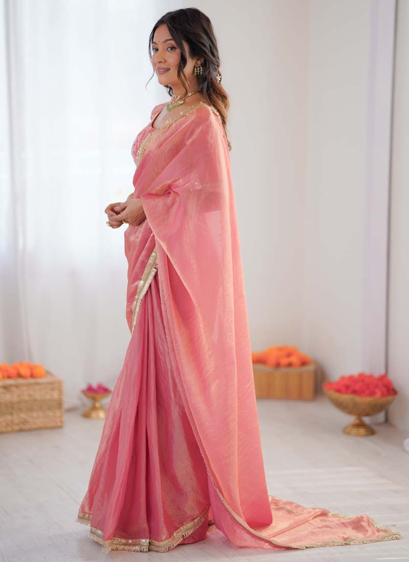 Prazu Fashion Peach Golden Shaded Fendi Silk Ready To Wear Saree
