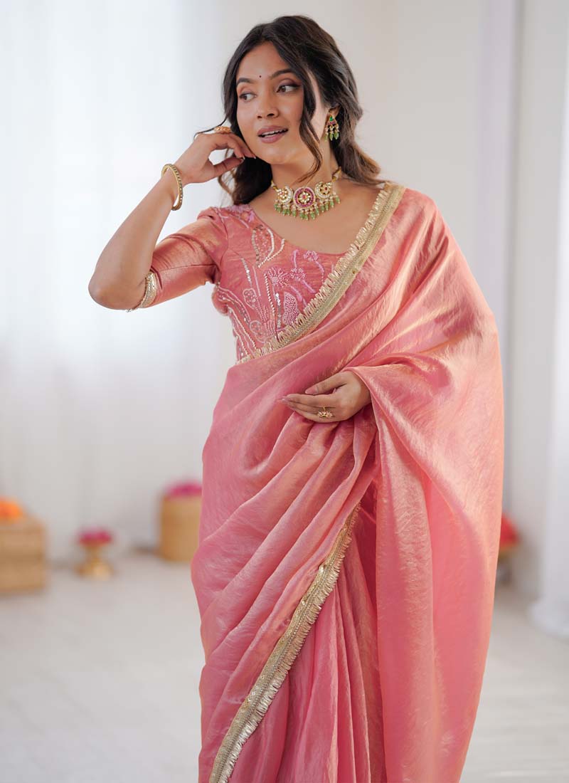 Prazu Fashion Peach Golden Shaded Fendi Silk Ready To Wear Saree