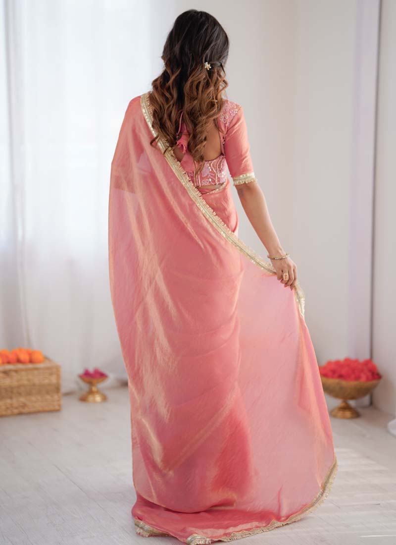 Prazu Fashion Peach Golden Shaded Fendi Silk Ready To Wear Saree