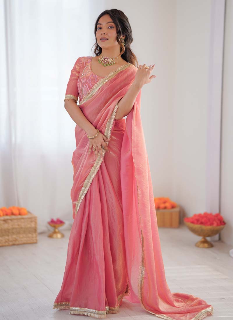 Prazu Fashion Peach Golden Shaded Fendi Silk Ready To Wear Saree