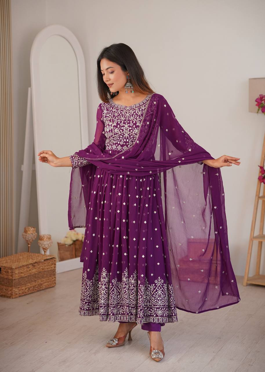 Lehenga Mart Designer Anarkali Suit With Kurta Palazzo Dupatta For Women-Purple