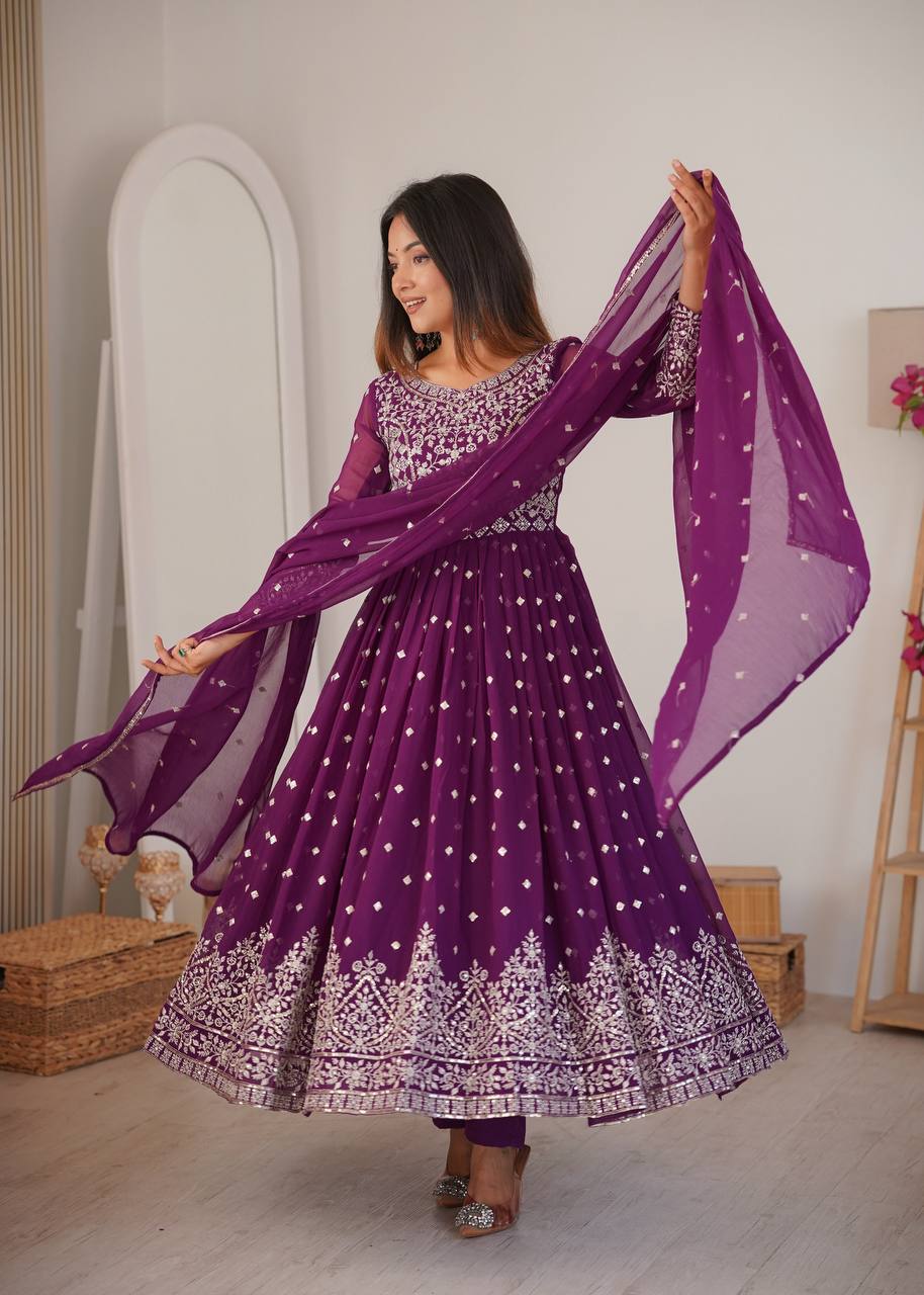 Lehenga Mart Designer Anarkali Suit With Kurta Palazzo Dupatta For Women-Purple