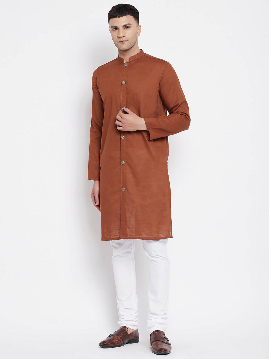 Even Apparels Brown Pure Cotton Men's Sherwani Kurta With Open Front