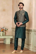 Raivat Ethnic Jacquard Banarasi Silk Woven Work 3 Pics Jacket Set In Green Colour