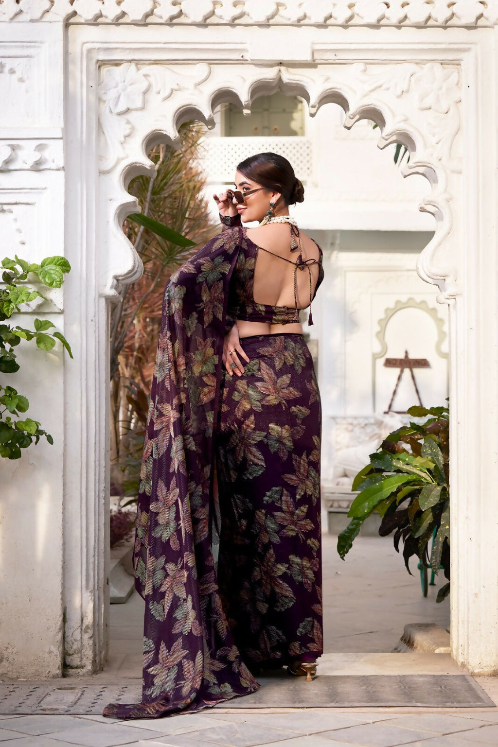 Vastranavya Wine Lurex Brasso Floral Printed Saree with Unstitched Blouse
