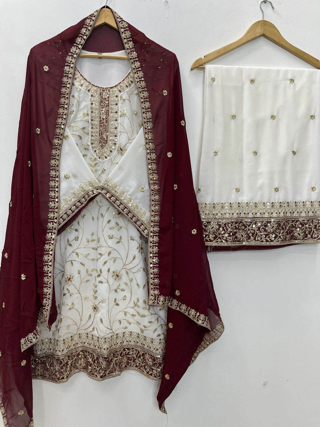Teeya Creation White Color Faux Georgette Embroidery Work Long Party Wear Palazzo Suit