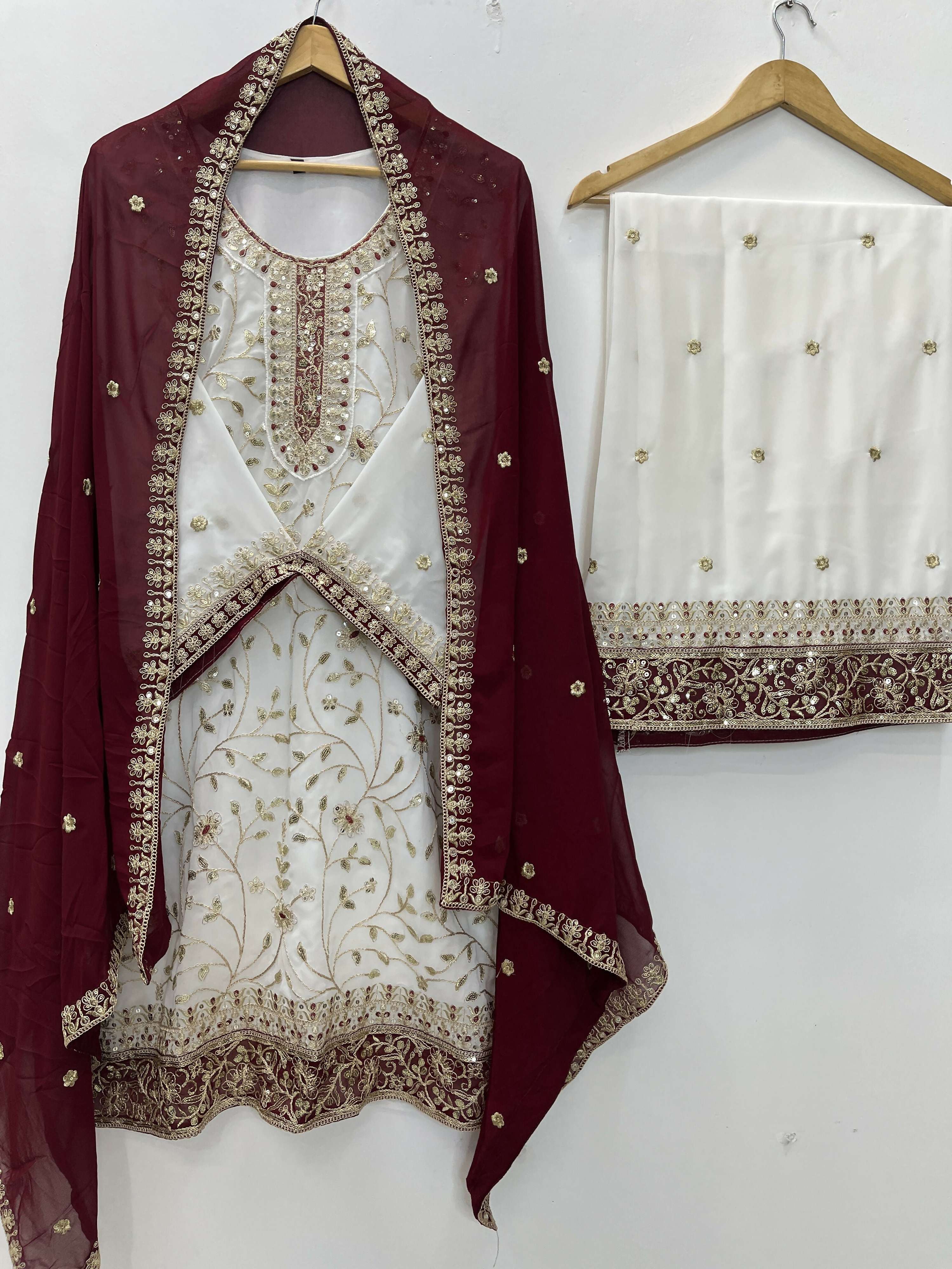 Teeya Creation White Color Faux Georgette Embroidery Work Long Party Wear Palazzo Suit
