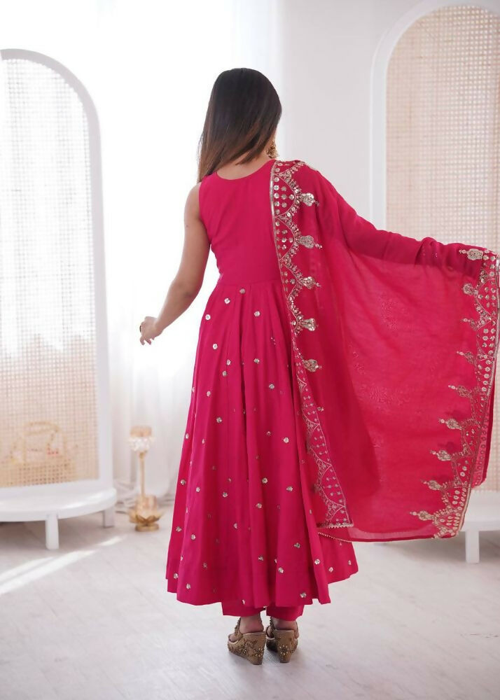 Teeya Creation Pink Color Roman Silk Embroidery Work Party Wear Gown