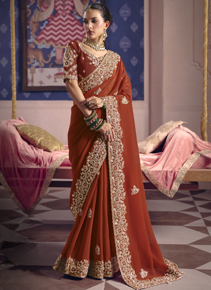Vegaa Fashion Red Silk Embroidered Wedding Wear Saree