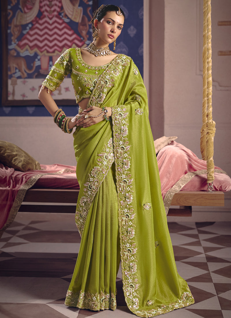 Vegaa Fashion Parrot_Green Silk Embroidered Wedding Wear Saree
