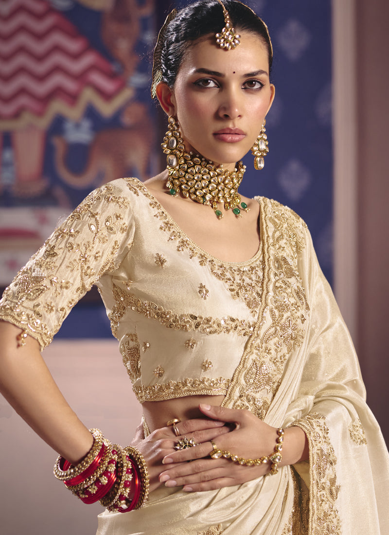 Vegaa Fashion Cream Silk Embroidered Wedding Wear Saree