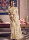 Vegaa Fashion Cream Silk Embroidered Wedding Wear Saree