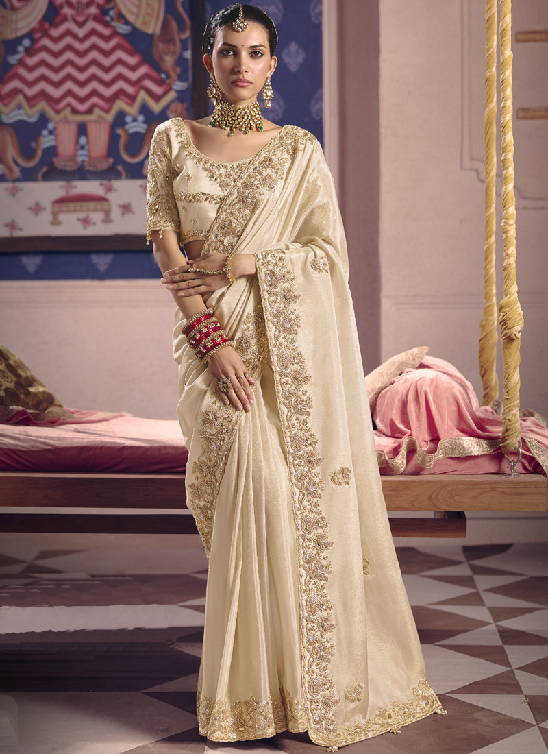 Vegaa Fashion Cream Silk Embroidered Wedding Wear Saree