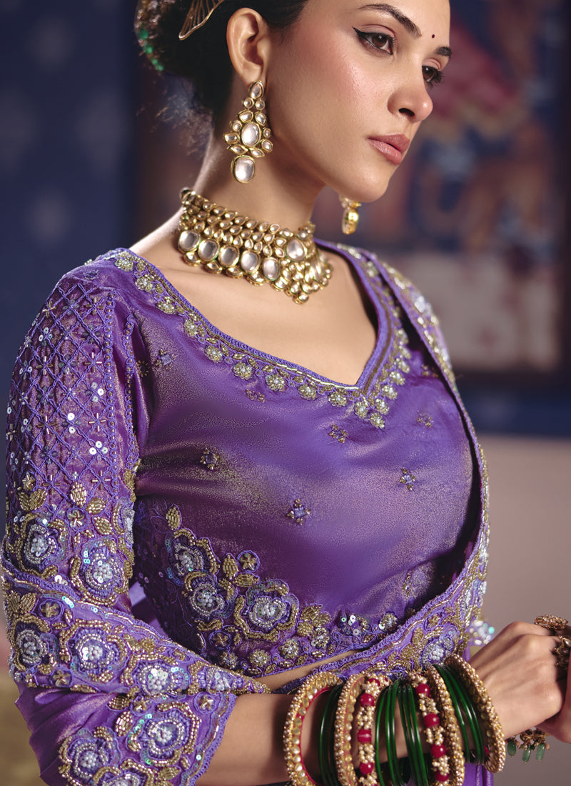 Vegaa Fashion Purple Silk Embroidered Wedding Wear Saree