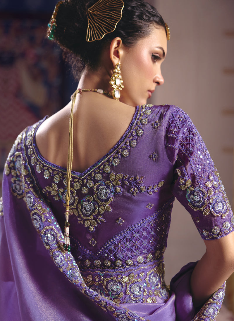 Vegaa Fashion Purple Silk Embroidered Wedding Wear Saree