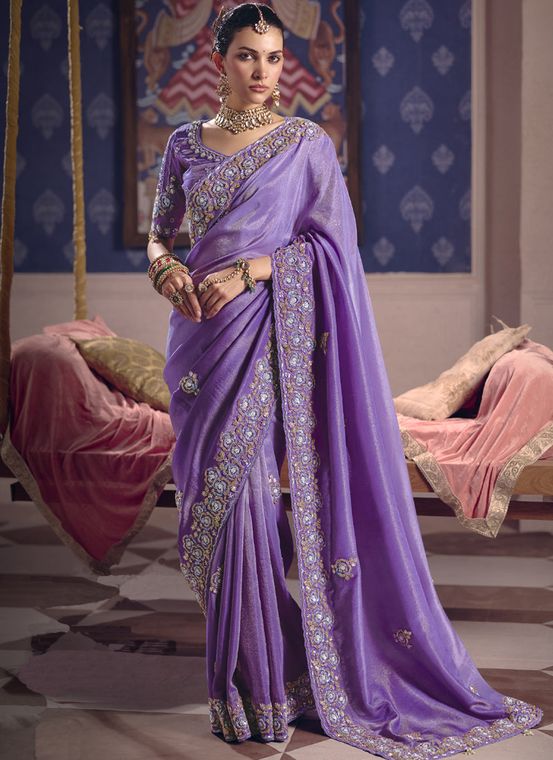 Vegaa Fashion Purple Silk Embroidered Wedding Wear Saree