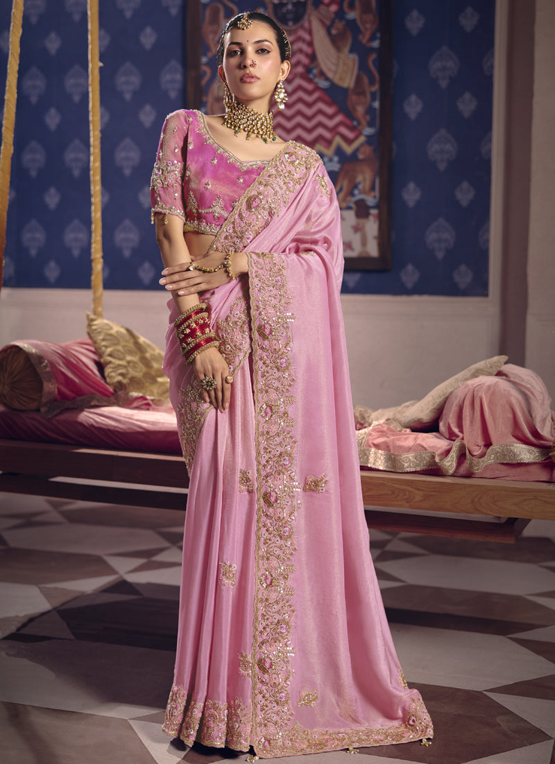 Vegaa Fashion Light_Pink Silk Embroidered Wedding Wear Saree