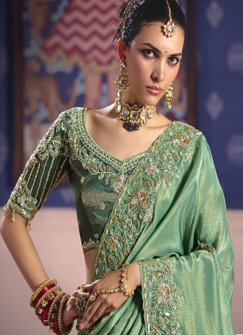 Vegaa Fashion Dark_Green Silk Embroidered Wedding Wear Saree