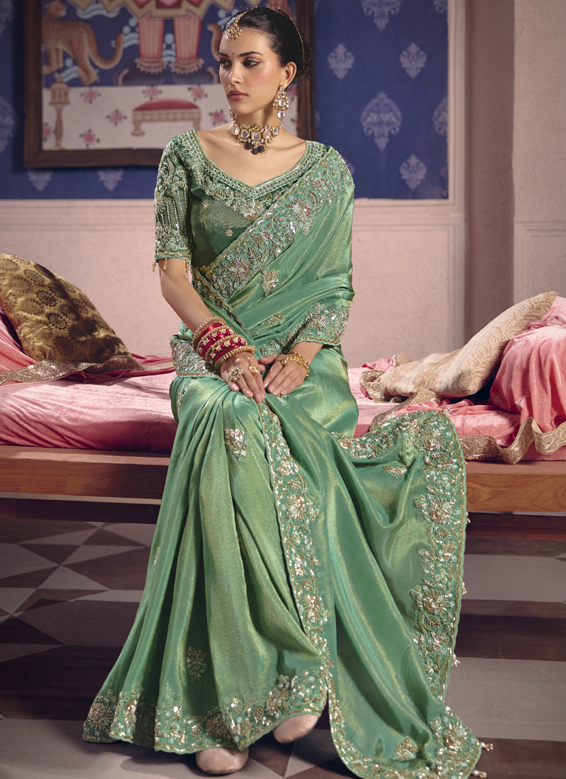 Vegaa Fashion Dark_Green Silk Embroidered Wedding Wear Saree