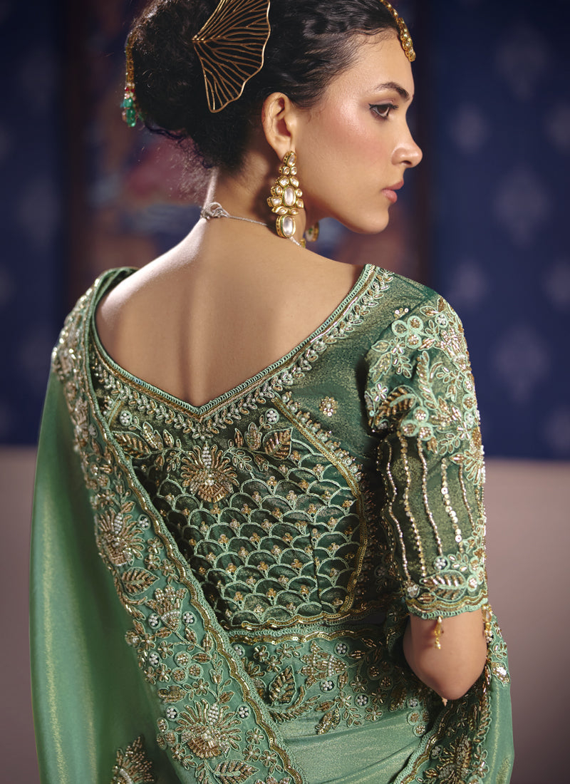 Vegaa Fashion Dark_Green Silk Embroidered Wedding Wear Saree