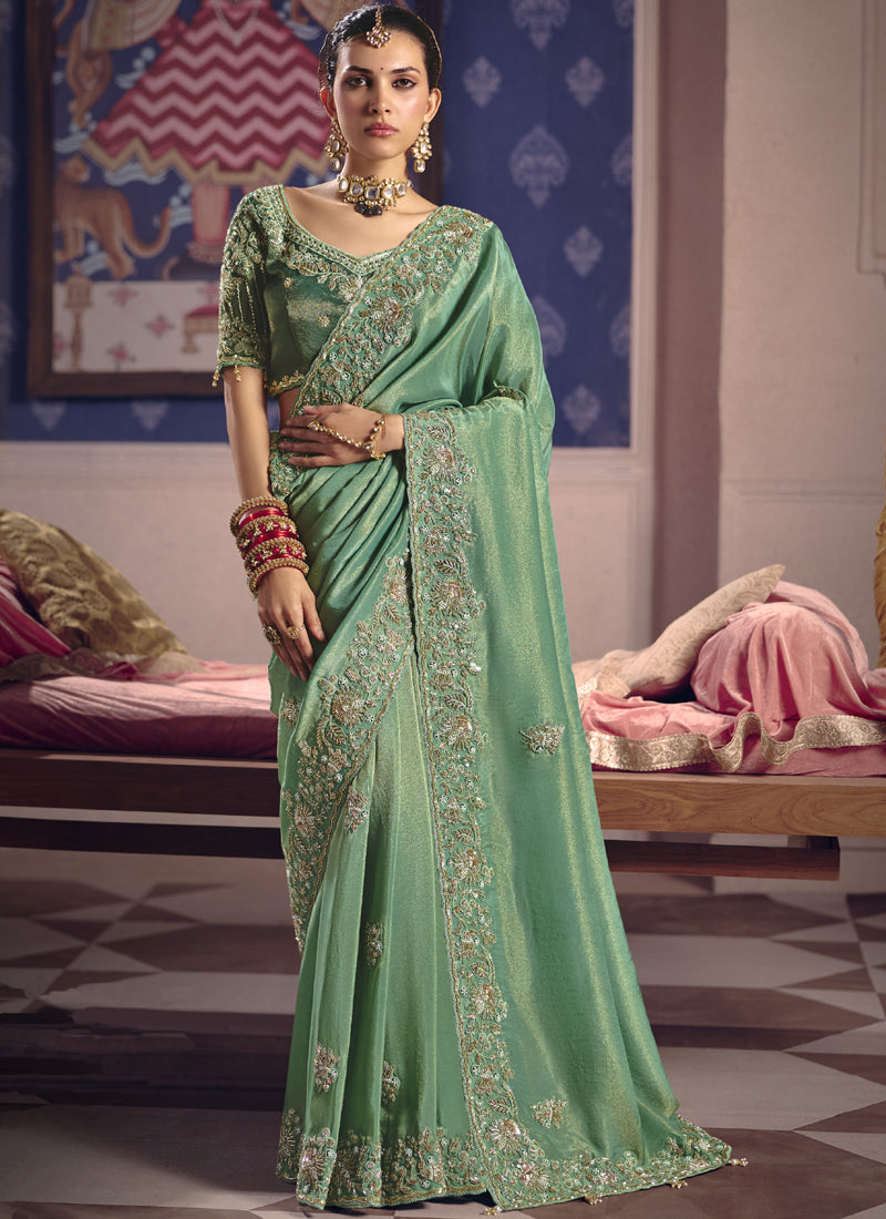 Vegaa Fashion Dark_Green Silk Embroidered Wedding Wear Saree