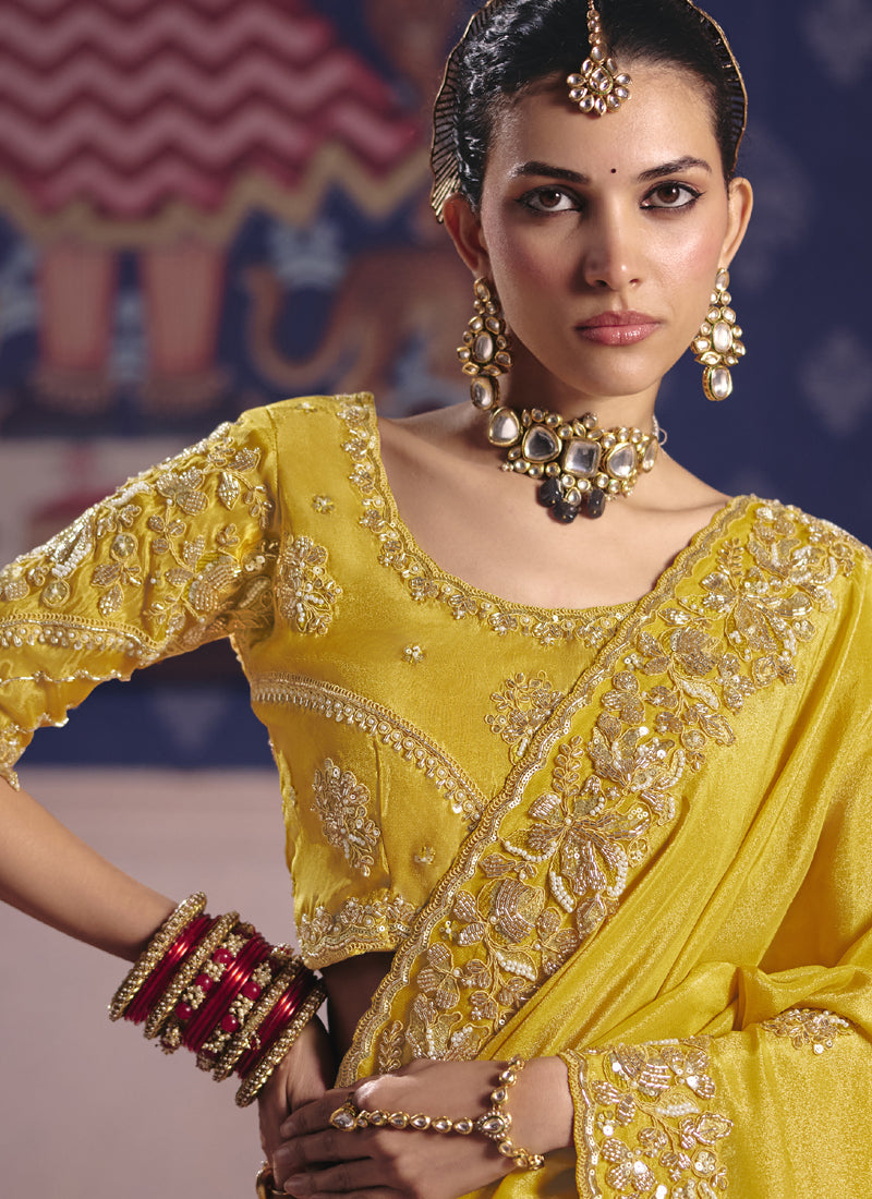 Vegaa Fashion Yellow Silk Embroidered Wedding Wear Saree