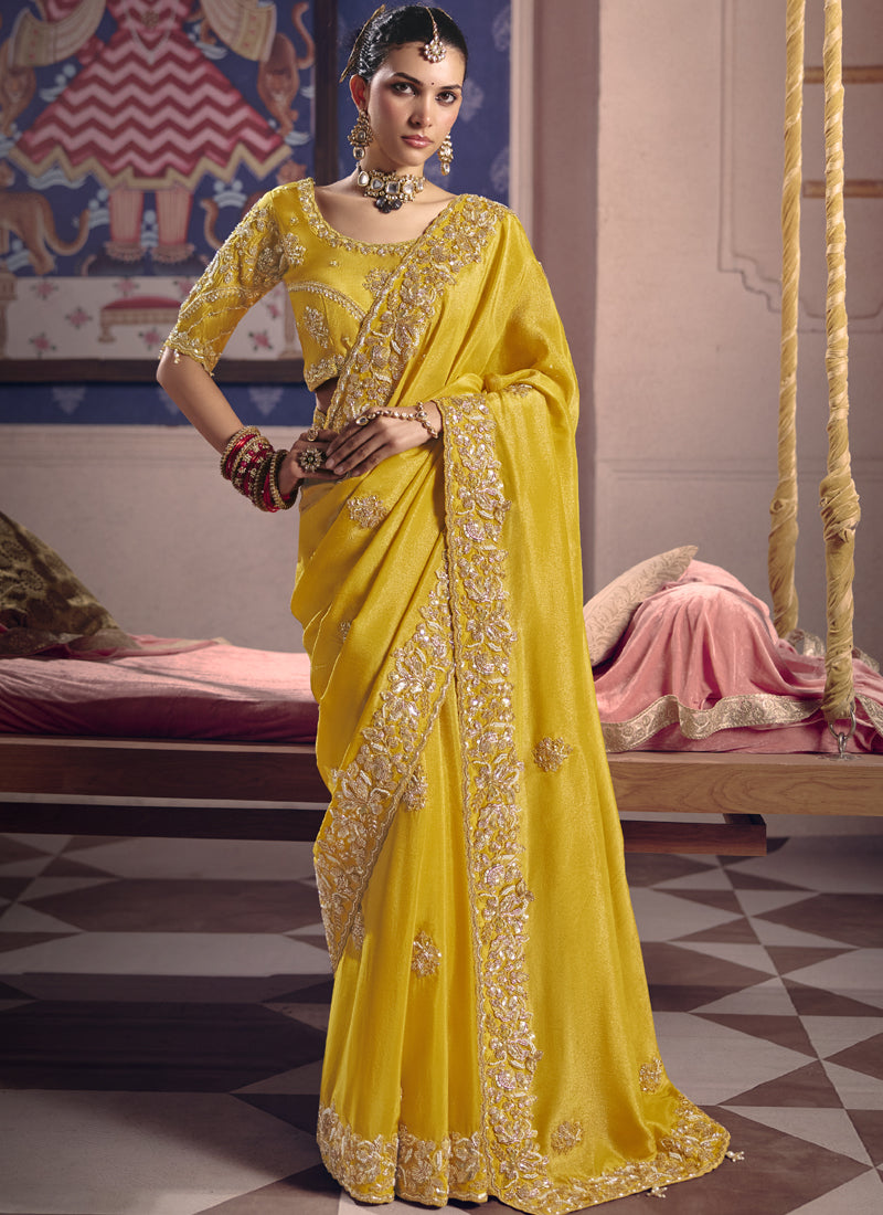 Vegaa Fashion Yellow Silk Embroidered Wedding Wear Saree