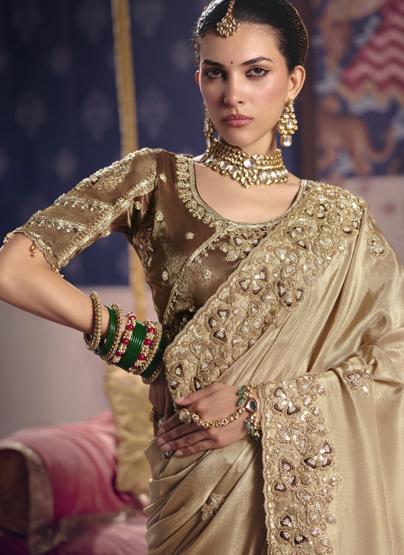 Vegaa Fashion Dark_Beige Silk Embroidered Wedding Wear Saree