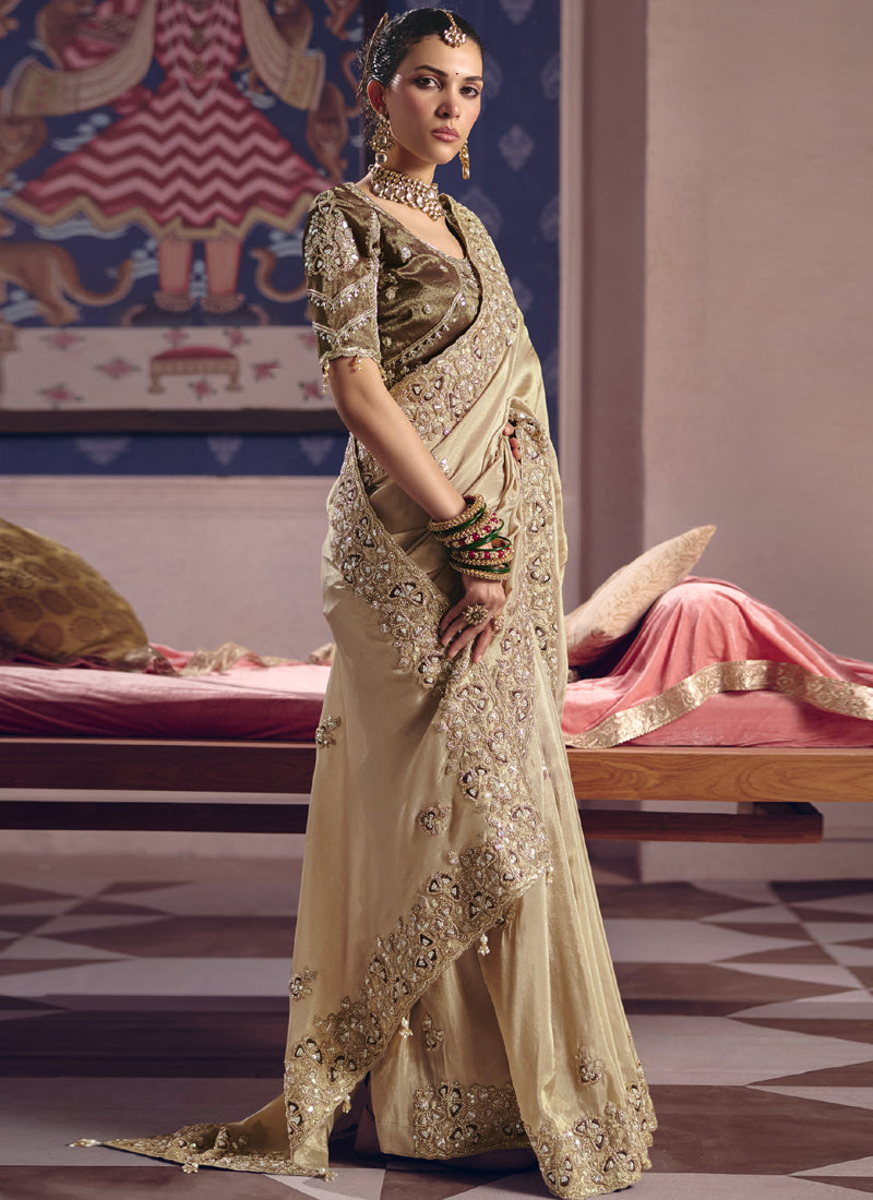Vegaa Fashion Dark_Beige Silk Embroidered Wedding Wear Saree