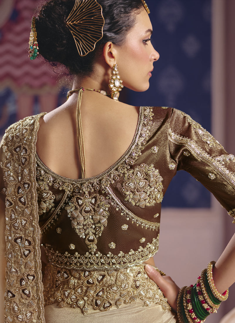 Vegaa Fashion Dark_Beige Silk Embroidered Wedding Wear Saree