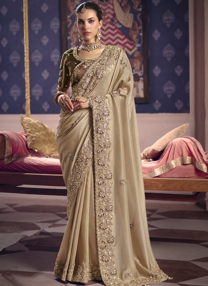 Vegaa Fashion Dark_Beige Silk Embroidered Wedding Wear Saree