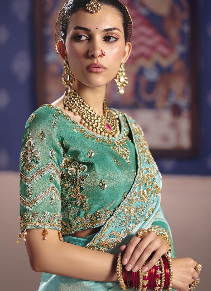 Vegaa Fashion Turquoise Silk Embroidered Wedding Wear Saree