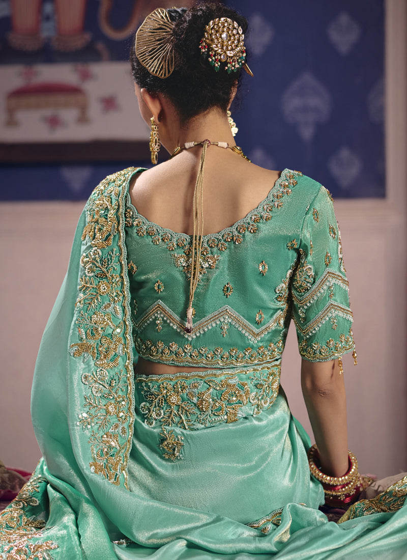 Vegaa Fashion Turquoise Silk Embroidered Wedding Wear Saree