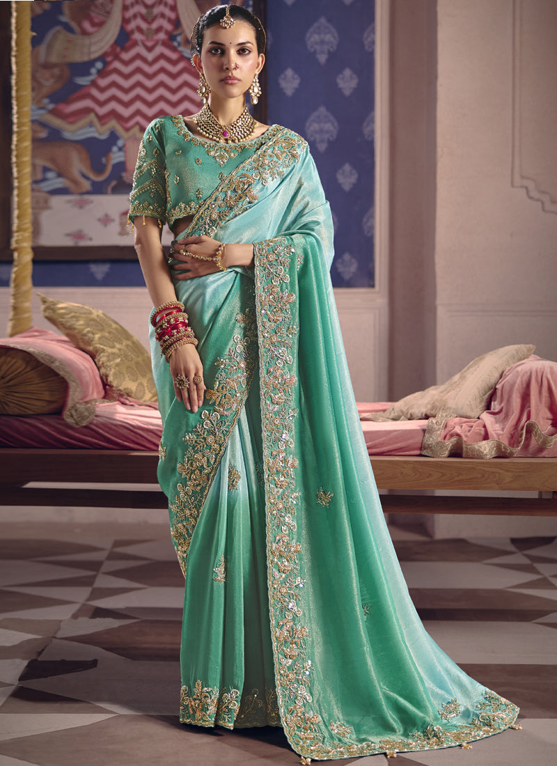 Vegaa Fashion Turquoise Silk Embroidered Wedding Wear Saree