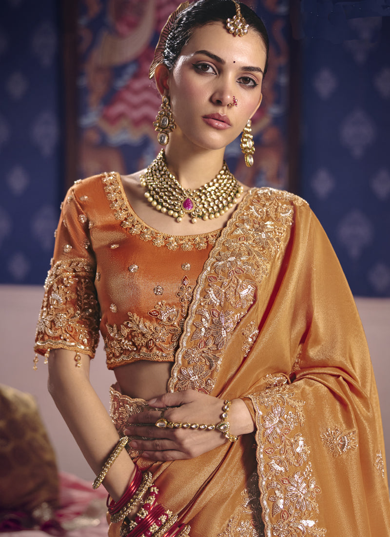 Vegaa Fashion Orange Silk Embroidered Wedding Wear Saree