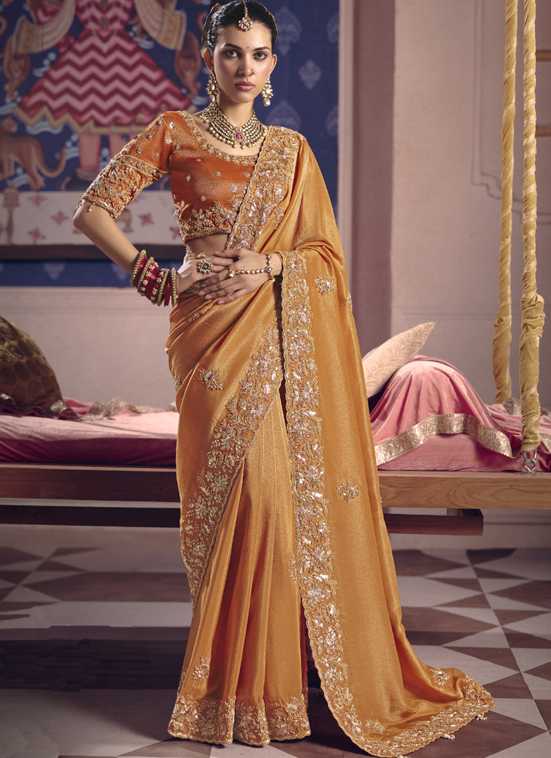 Vegaa Fashion Orange Silk Embroidered Wedding Wear Saree