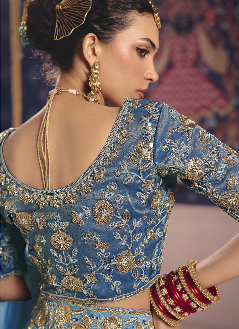 Vegaa Fashion Sky_Blue Silk Embroidered Wedding Wear Saree