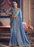Vegaa Fashion Sky_Blue Silk Embroidered Wedding Wear Saree