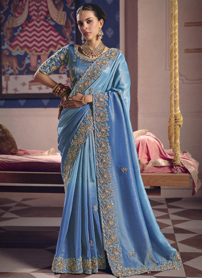Vegaa Fashion Sky_Blue Silk Embroidered Wedding Wear Saree