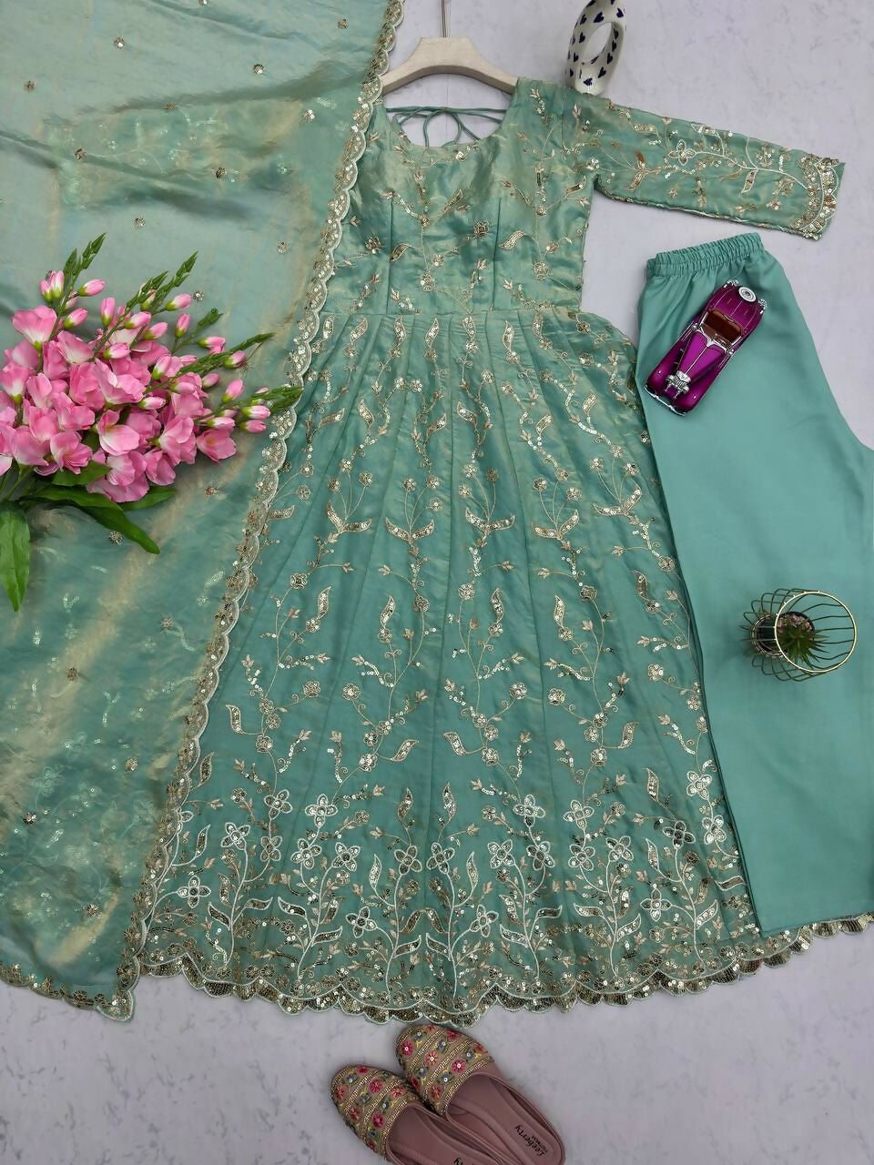Teeya Creation Teal Color Faux Georgette Long Party Wear Gown