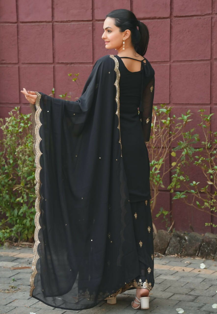 Teeya Creation Black Color Faux Georgette Embroidery Work Wedding Wear Palazzo Set